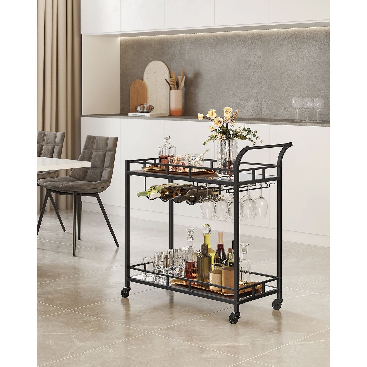 Home Bar Serving Cart with 2 Mirrored Shelves