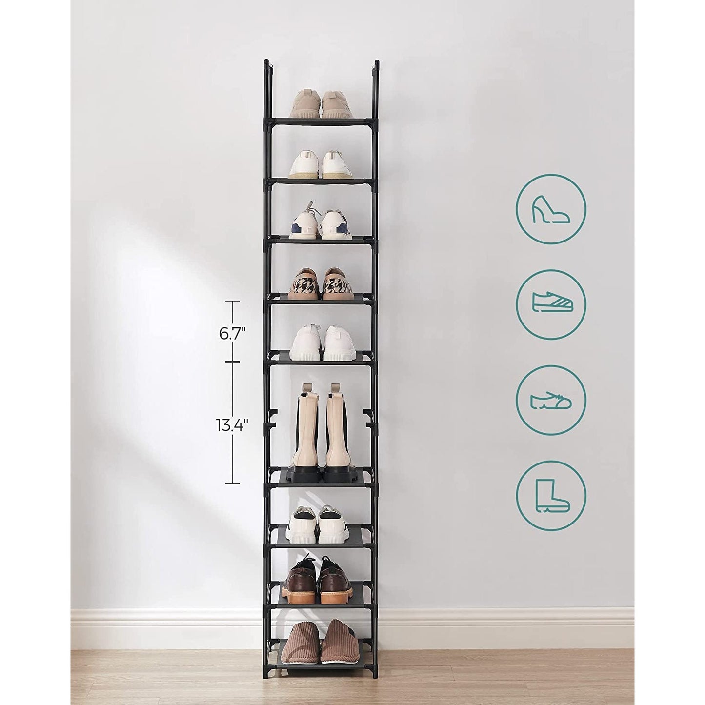 10-Tier Shoe Shelf with Metal Frame