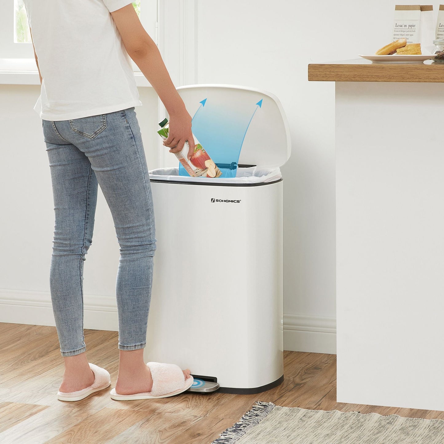 Kitchen Trash Garbage Can, Pedal Rubbish Bin 13.2 Gal (50L), with Plastic Inner Bucket, Hinged Lid, Soft Closure, Odor Proof and Hygienic, White