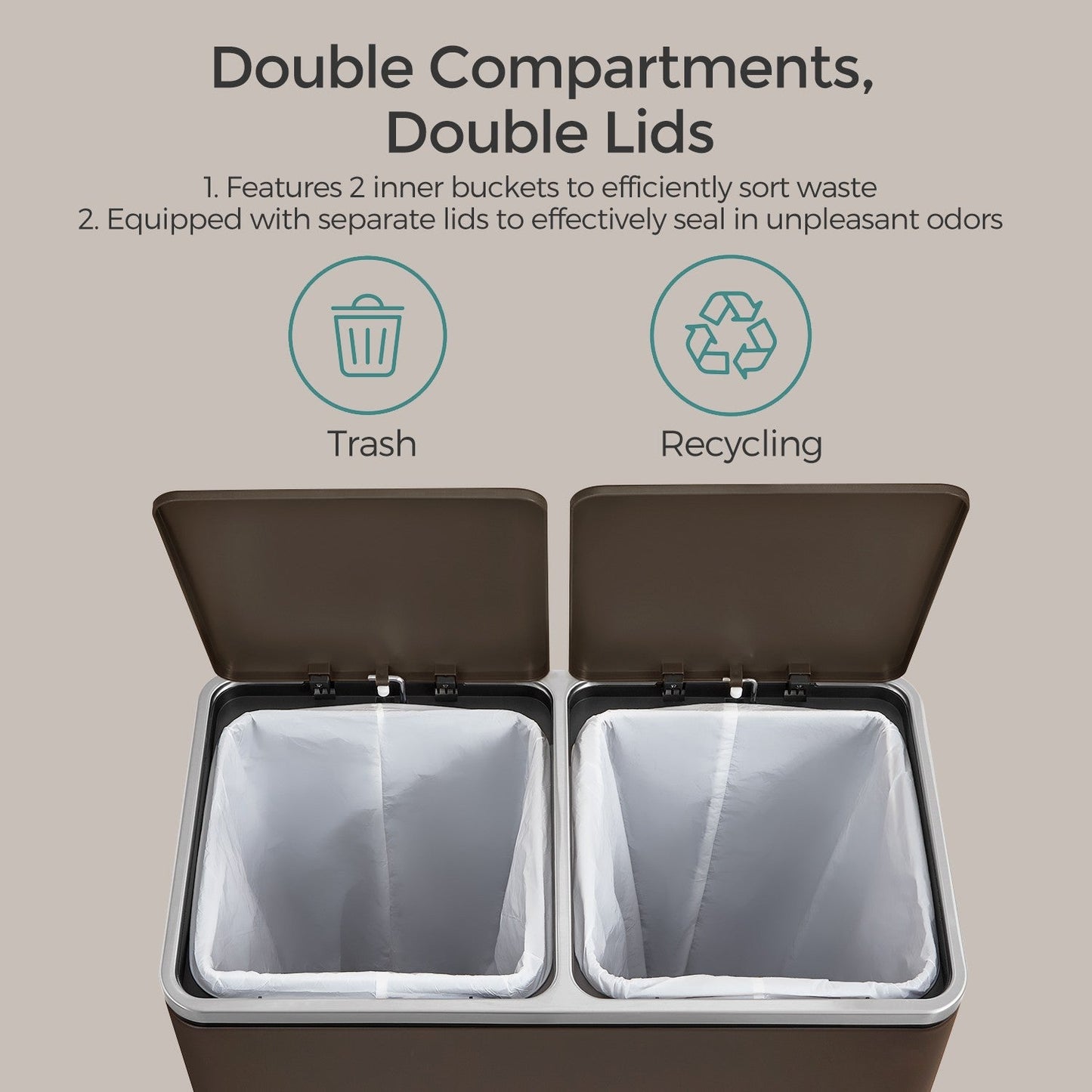 Trash Can with 2 Compartments, 2 x 8-Gallon Double Garbage Can, TrashBin with Lids