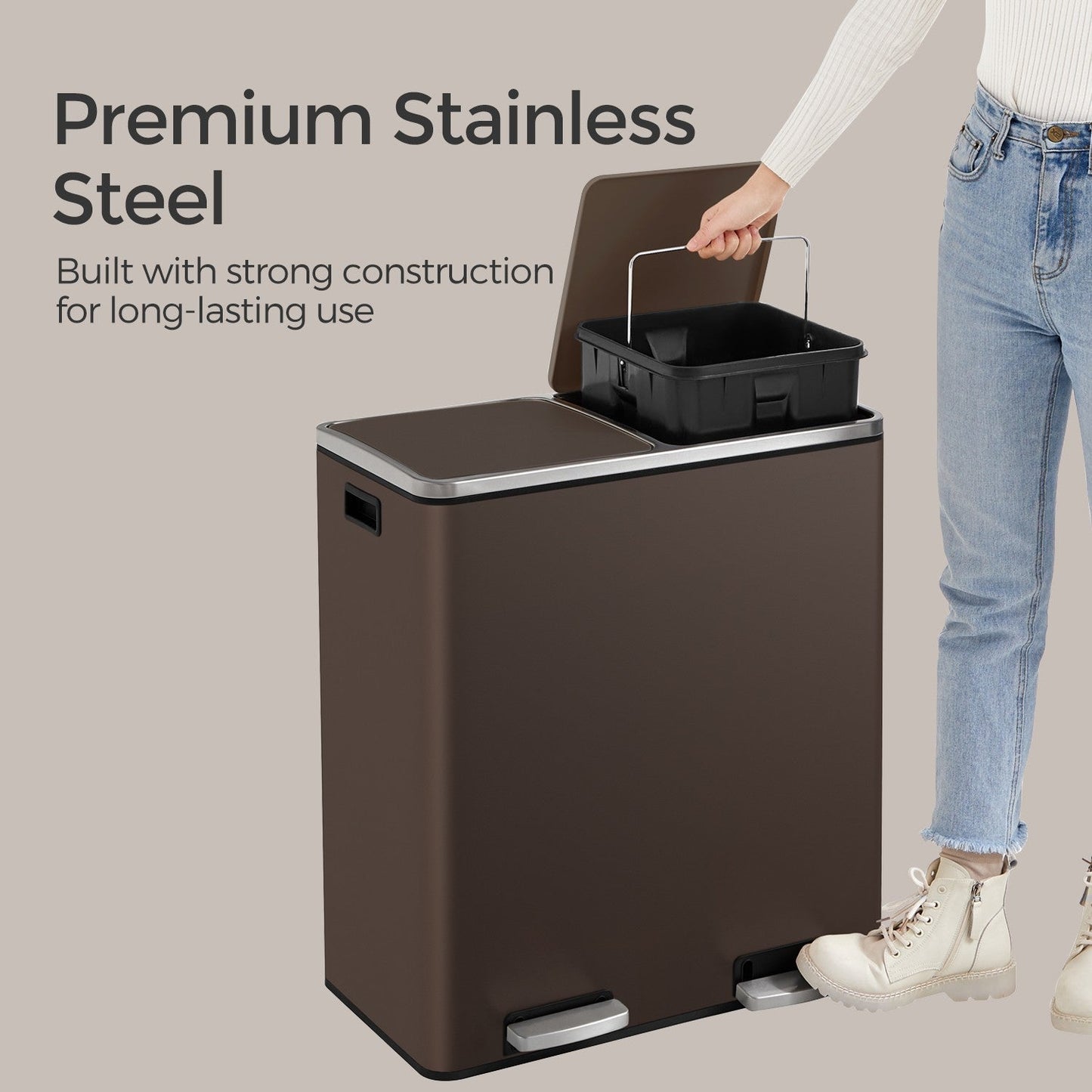 Trash Can with 2 Compartments, 2 x 8-Gallon Double Garbage Can, TrashBin with Lids