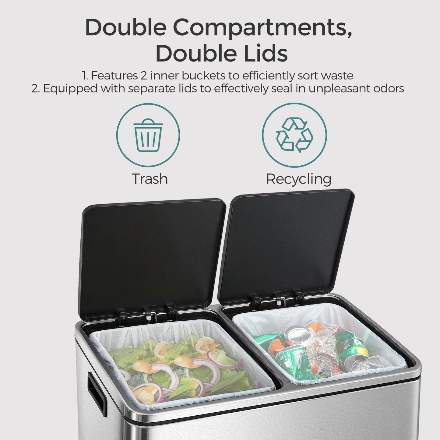 Trash Can with 2 Compartments, 2 x 8-Gallon Double Garbage Can, TrashBin with Lids