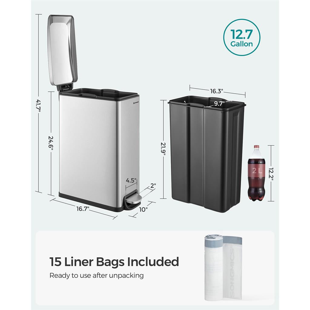 13 Gallon Garbage Can for Narrow Spaces with Soft-Close Lid
