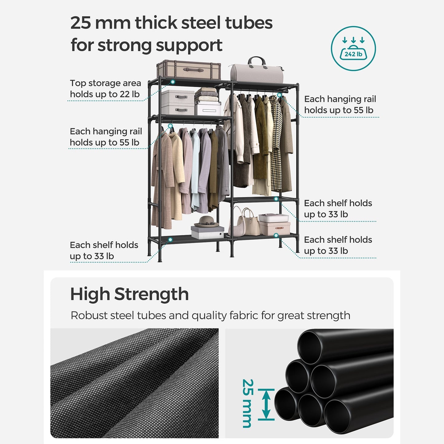 Heavy Duty Clothes Rack with Hanging Rails and Shelves