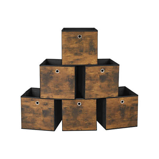 Foldable Storage Organizer Boxes, 11.8 x 11.8 x 11.8 Inches Storage Cubes, Set of 6 Clothes Organizer, Toy Bins, with Non-Woven Fabric, Oxford Fabric, Rustic Brown and Black