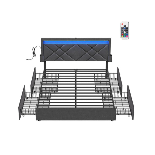 LED Bed Frame Queen Size with Headboard and 4 Drawers, 1 USB Port and 1 Type C Port, Adjustable Upholstered Headboard, No Box Spring Needed, Gray