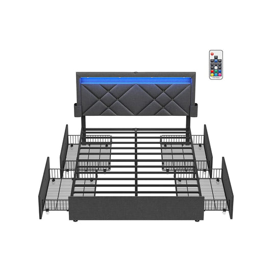 LED Bed Frame Full Size with Headboard and 4 Drawers, 1 USB Port and 1 Type C Port, Adjustable Upholstered Headboard, No Box Spring Needed, Gray