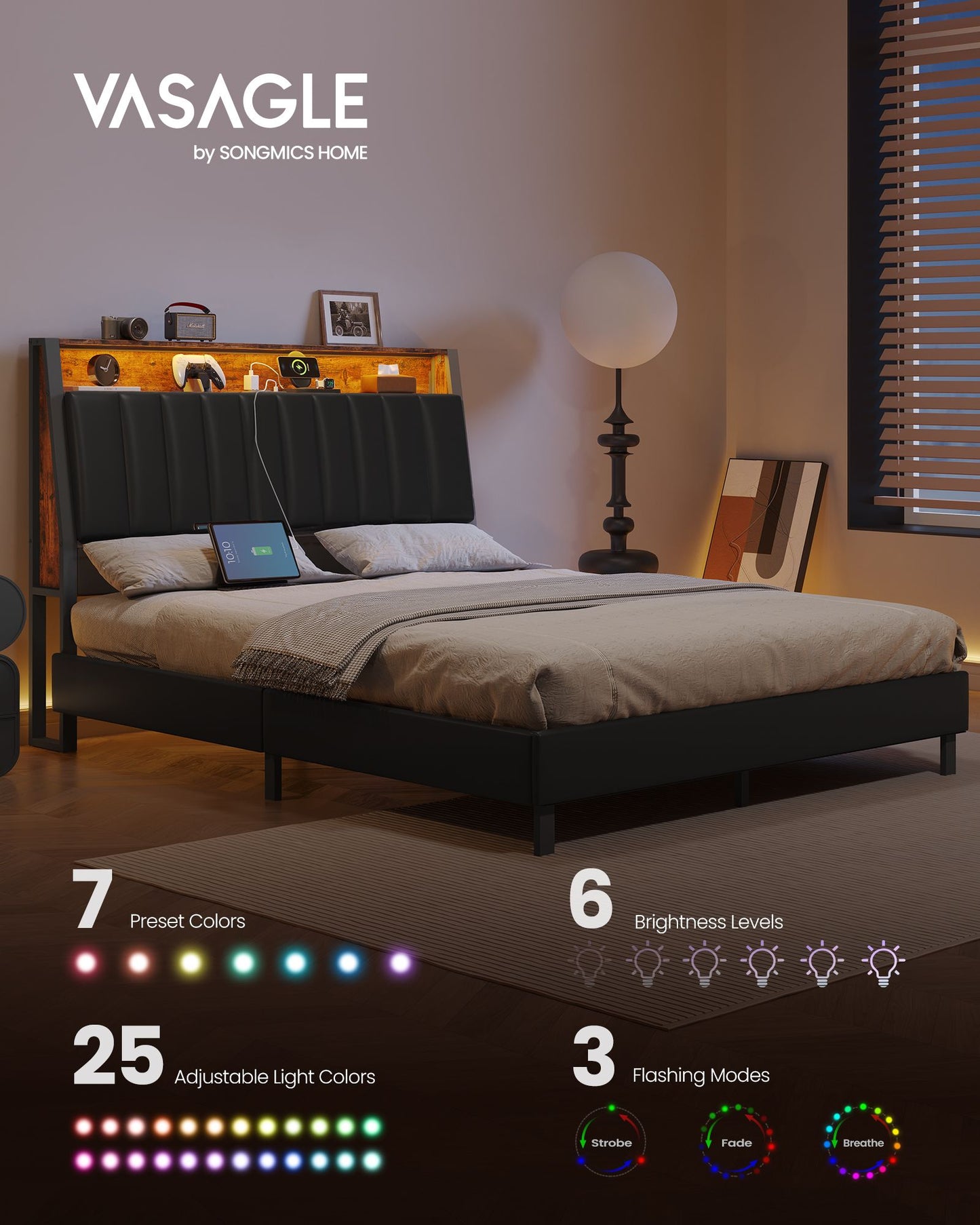 LED Bed Frame Queen Size, Storage Headboard and Charging Station