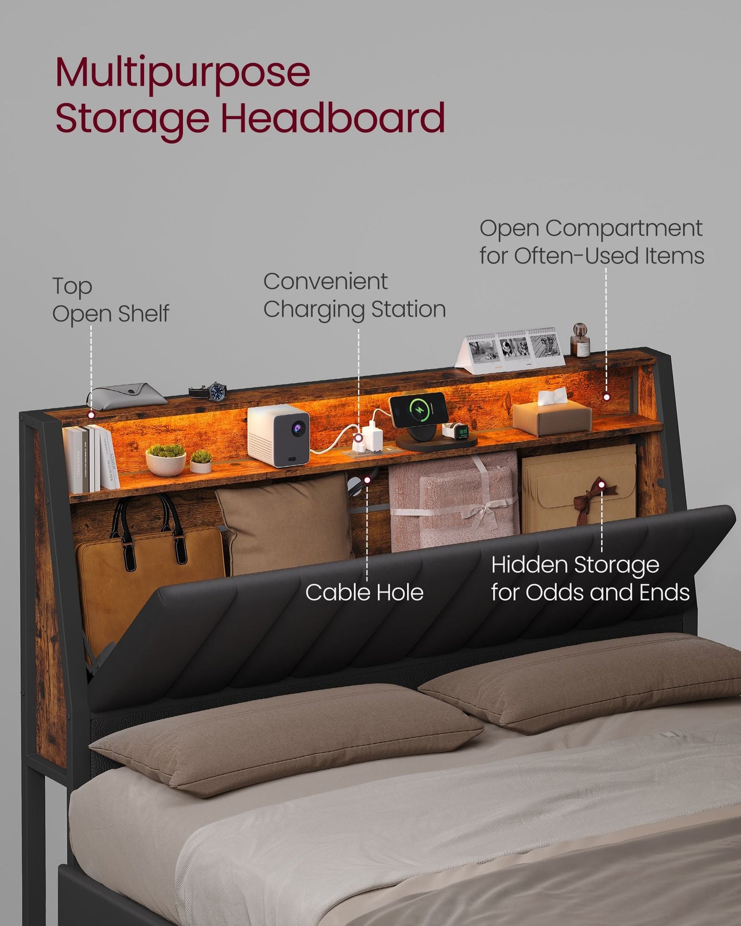 LED Bed Frame Queen Size, Storage Headboard and Charging Station
