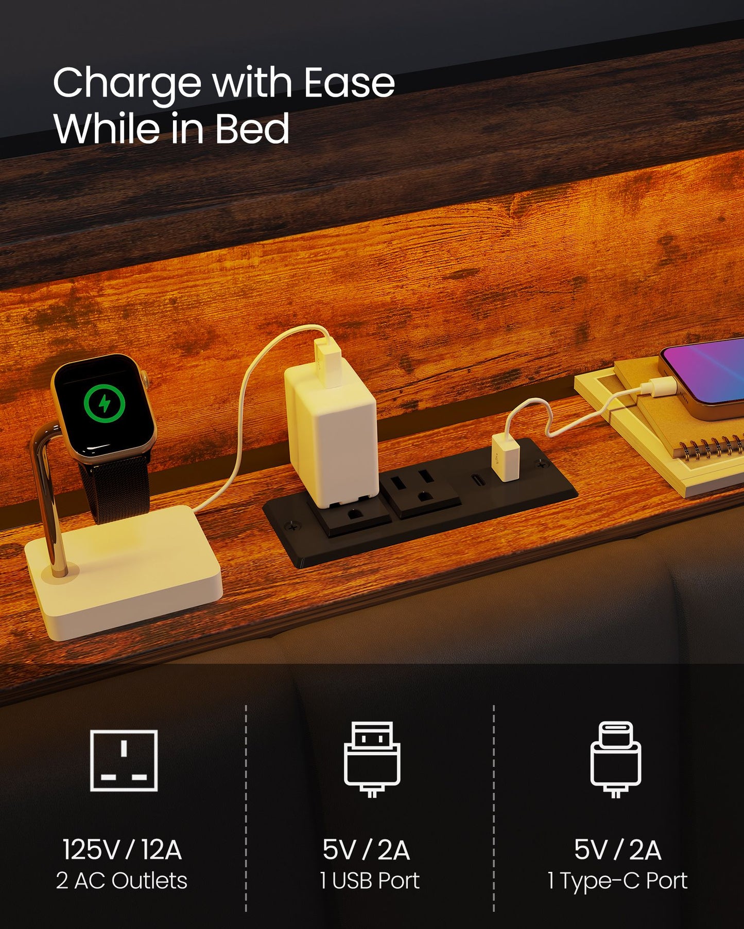 LED Bed Frame Queen Size, Storage Headboard and Charging Station