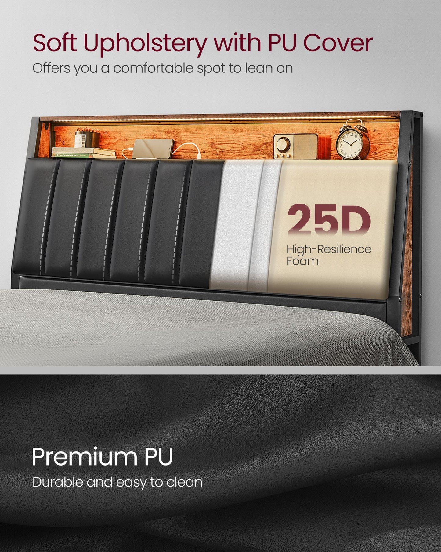 LED Bed Frame Queen Size, Storage Headboard and Charging Station