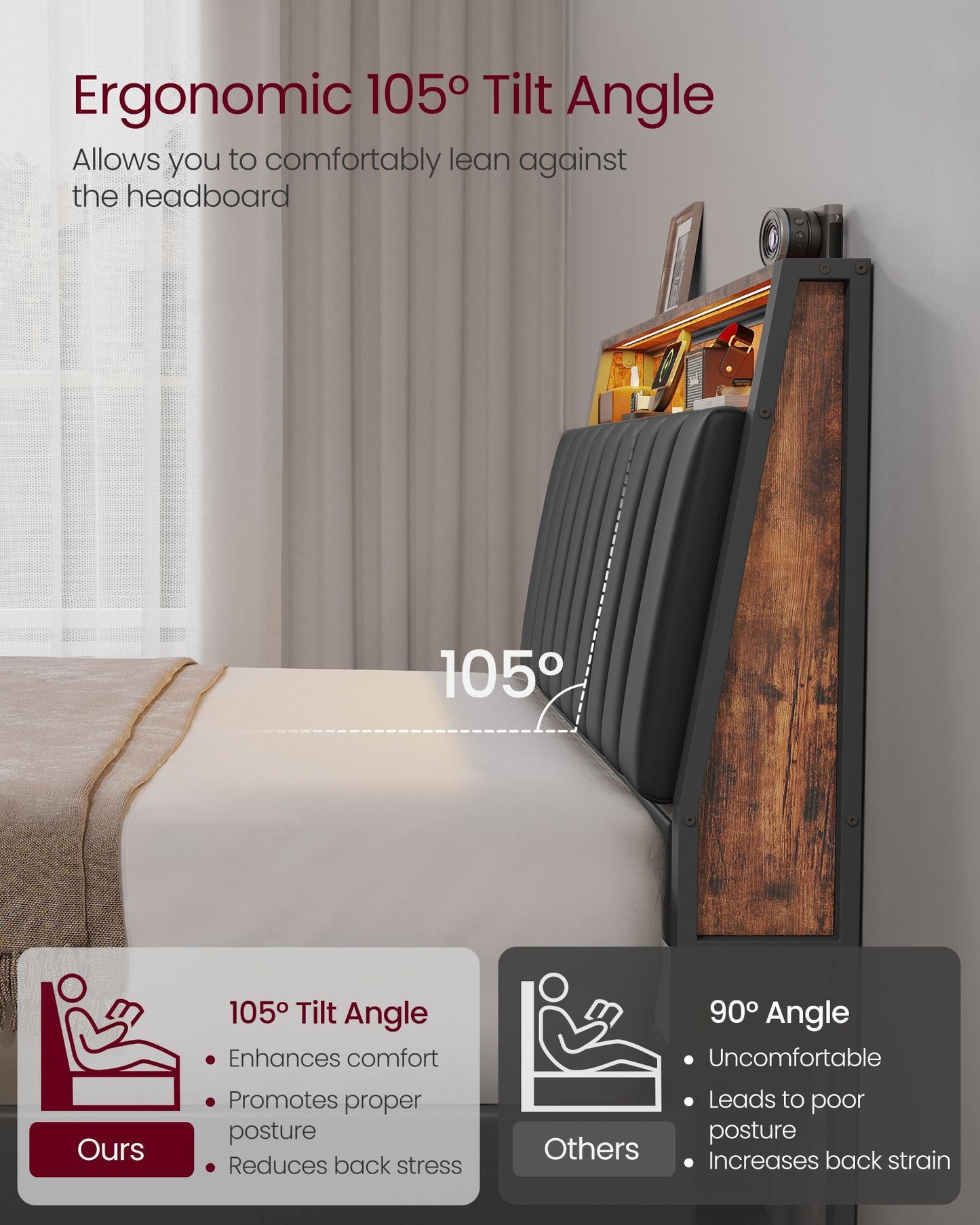 LED Bed Frame Queen Size, Storage Headboard and Charging Station