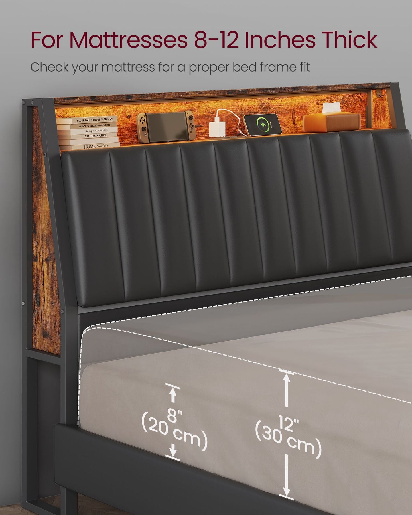 LED Bed Frame Queen Size, Storage Headboard and Charging Station