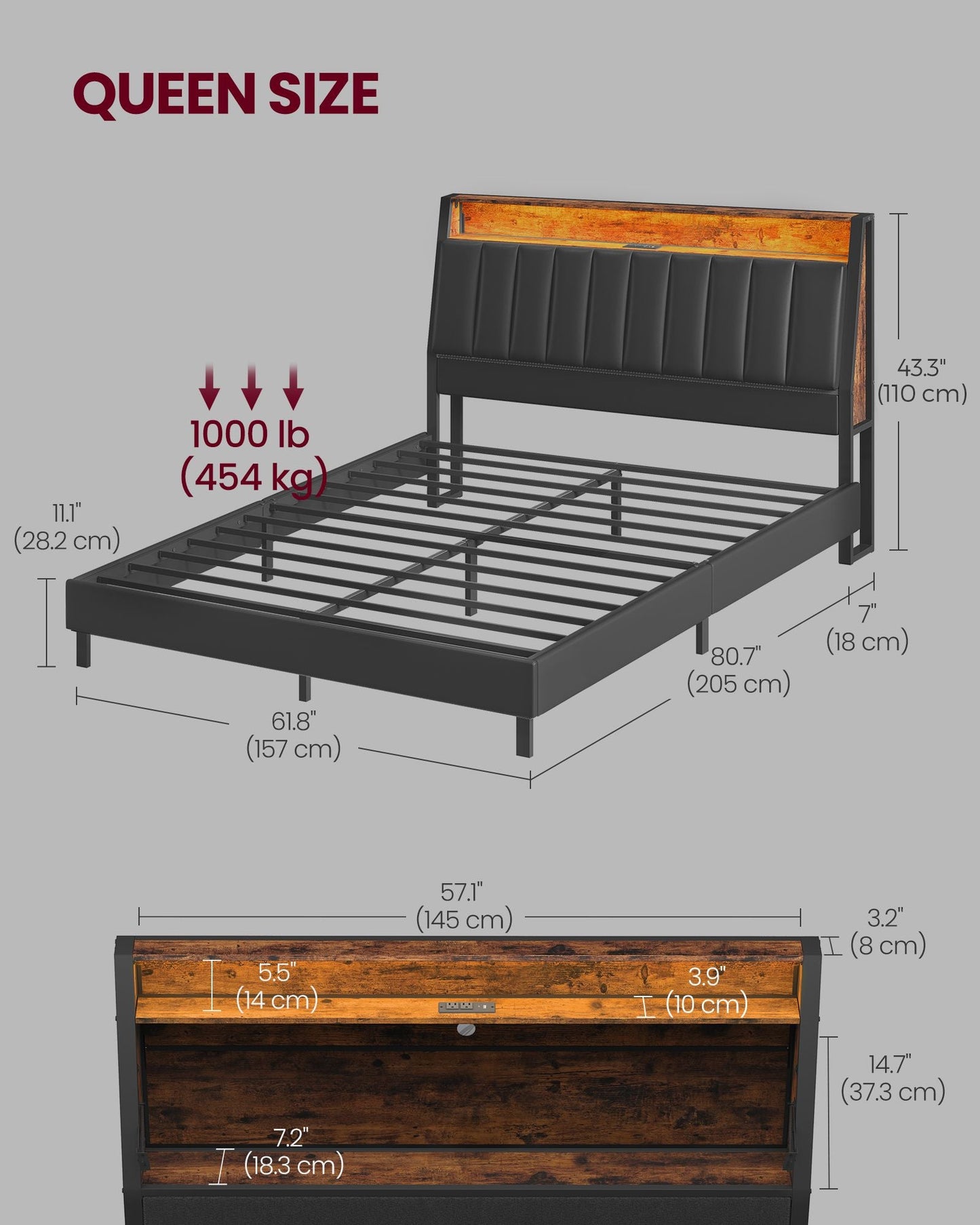 LED Bed Frame Queen Size, Storage Headboard and Charging Station