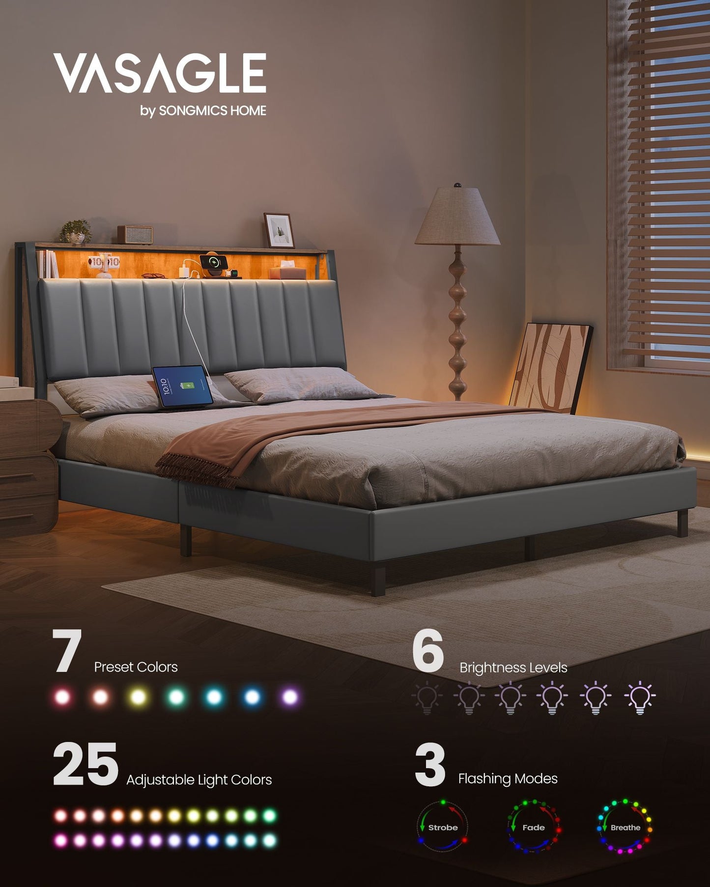 LED Bed Frame Queen Size, Storage Headboard and Charging Station