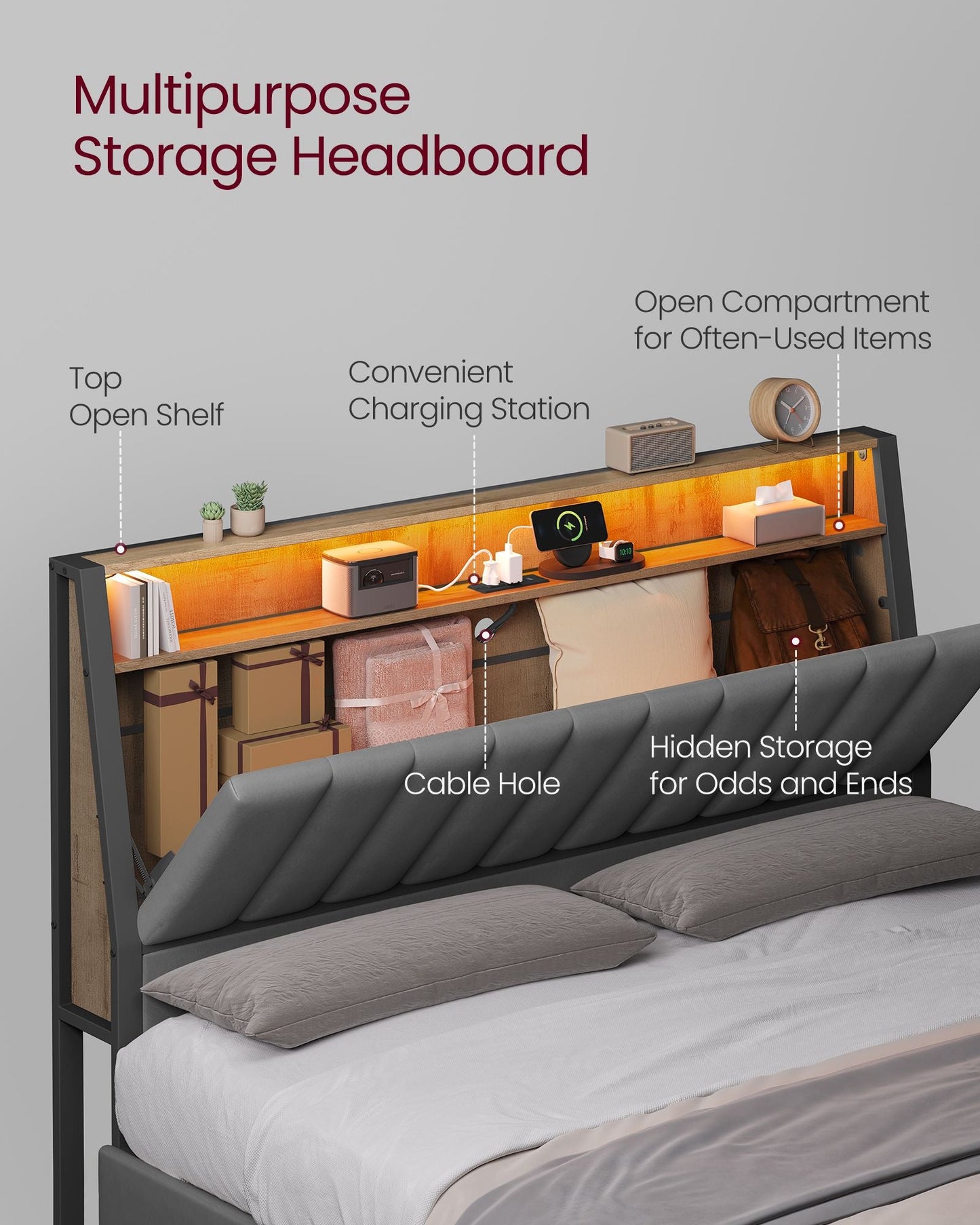 LED Bed Frame Queen Size, Storage Headboard and Charging Station