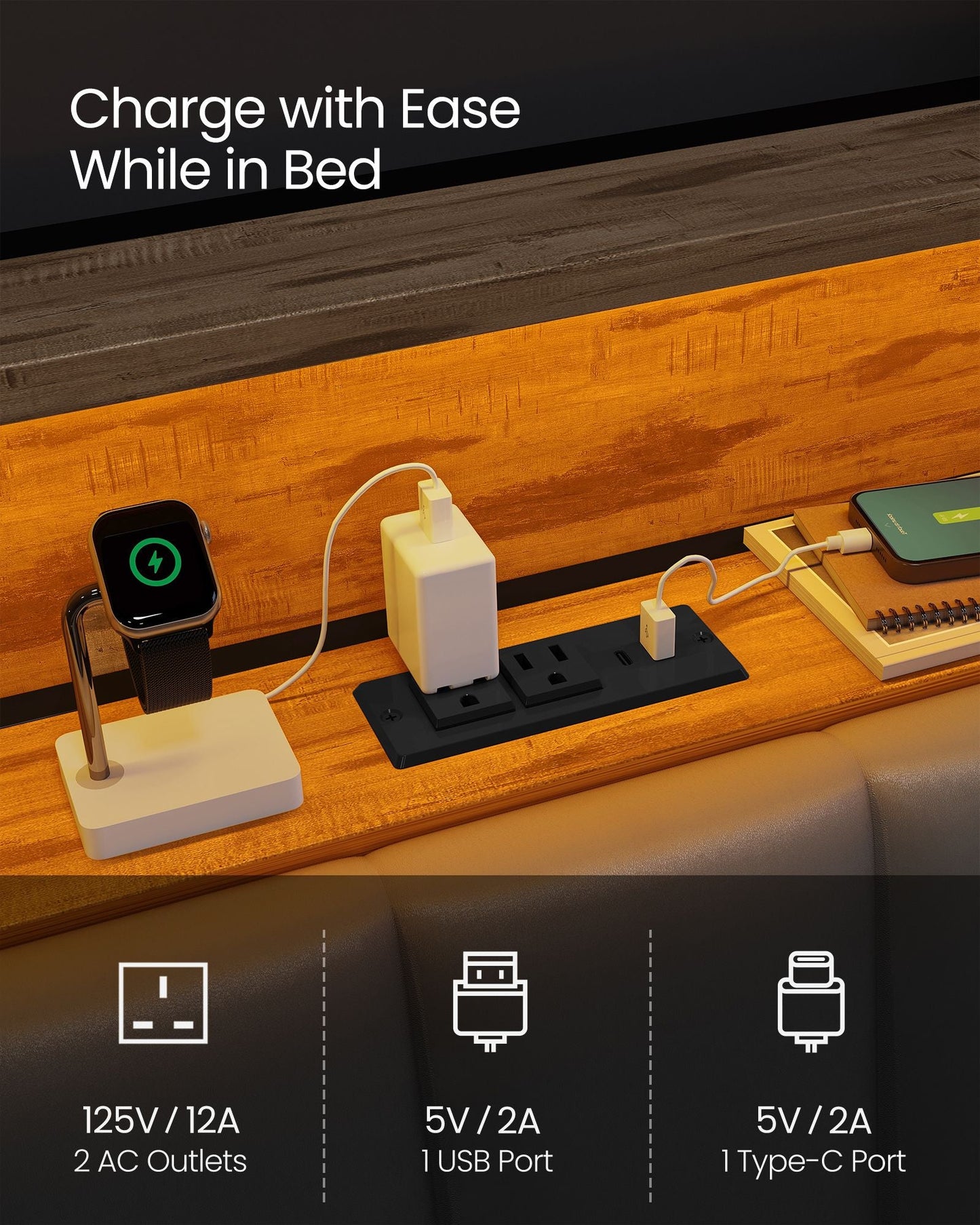 LED Bed Frame Queen Size, Storage Headboard and Charging Station