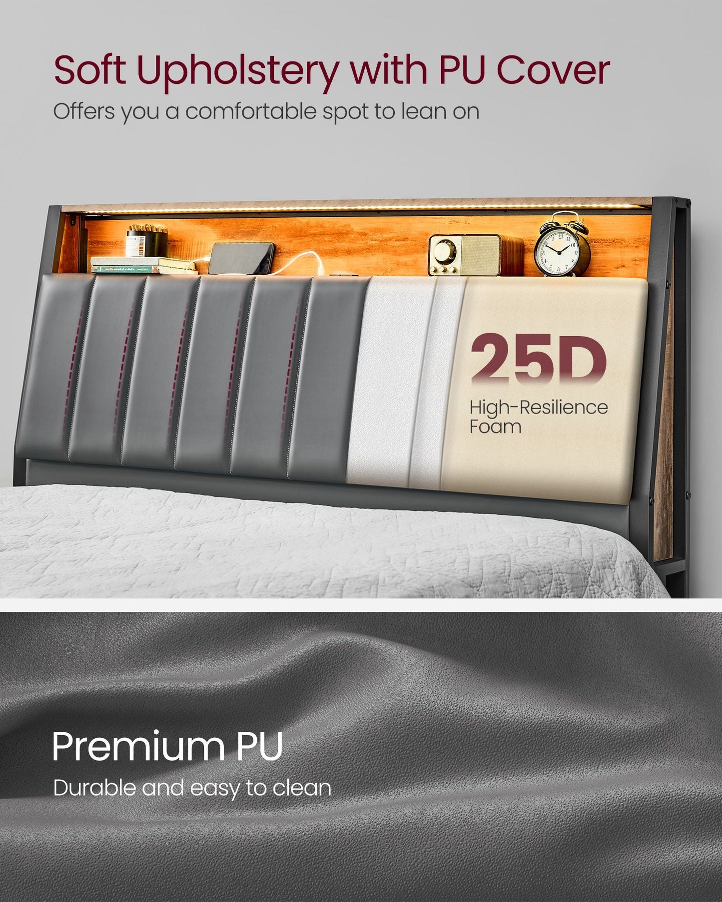 LED Bed Frame Queen Size, Storage Headboard and Charging Station