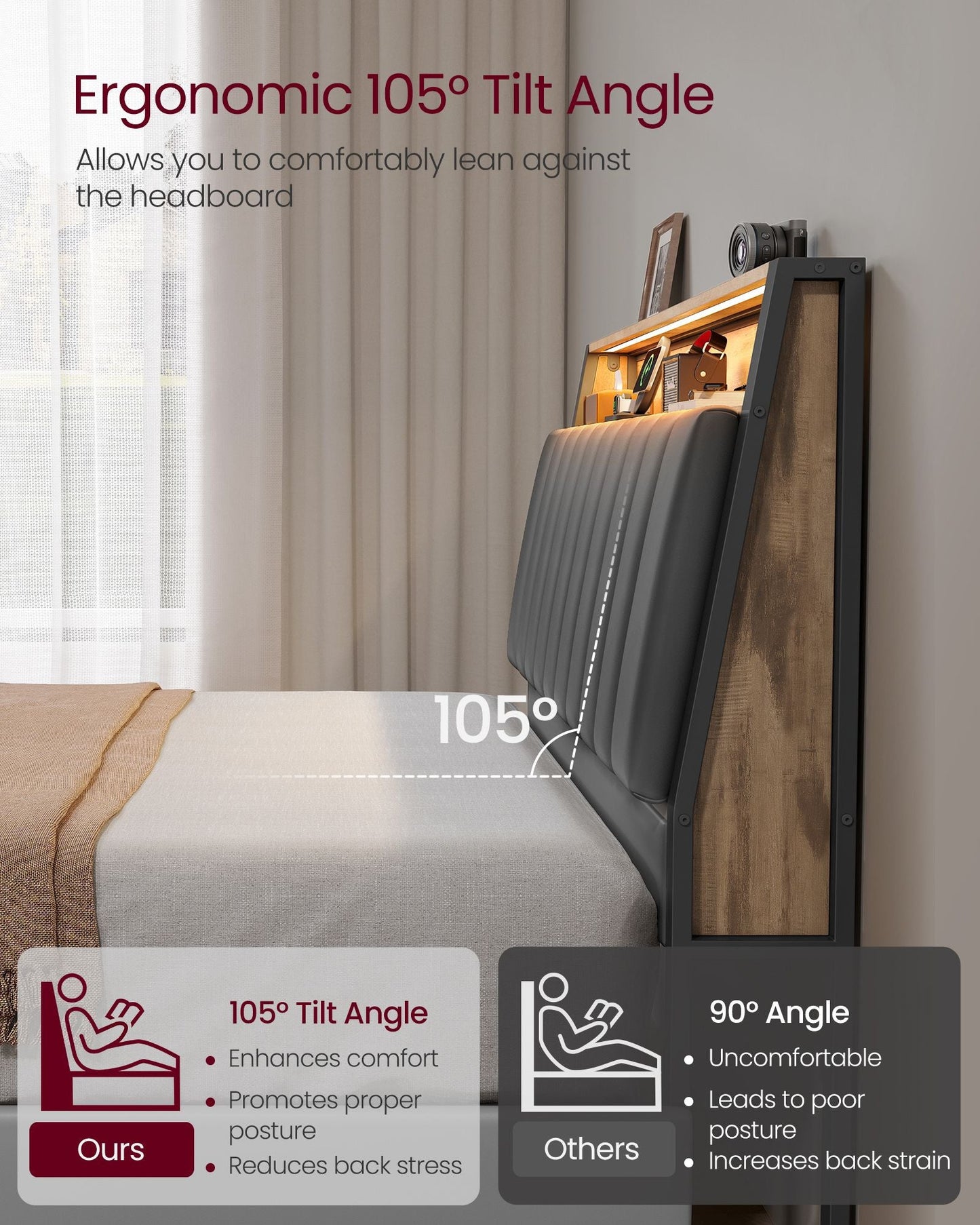 LED Bed Frame Queen Size, Storage Headboard and Charging Station