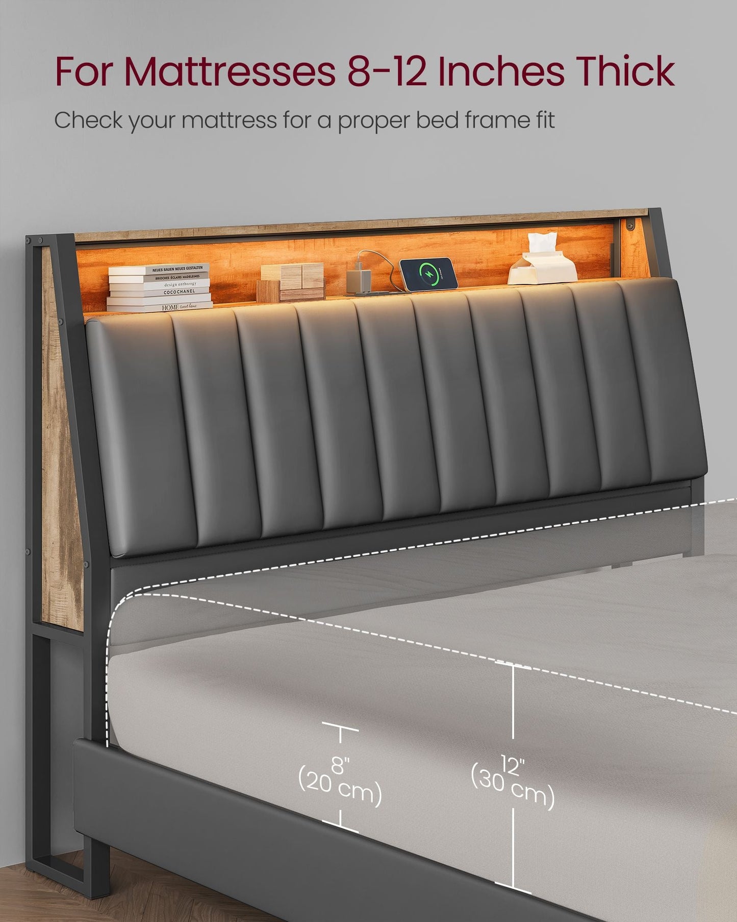 LED Bed Frame Queen Size, Storage Headboard and Charging Station