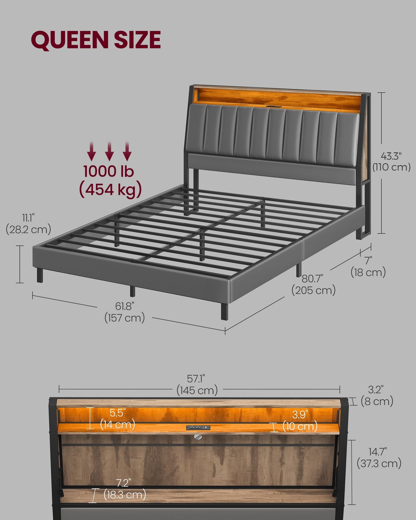LED Bed Frame Queen Size, Storage Headboard and Charging Station