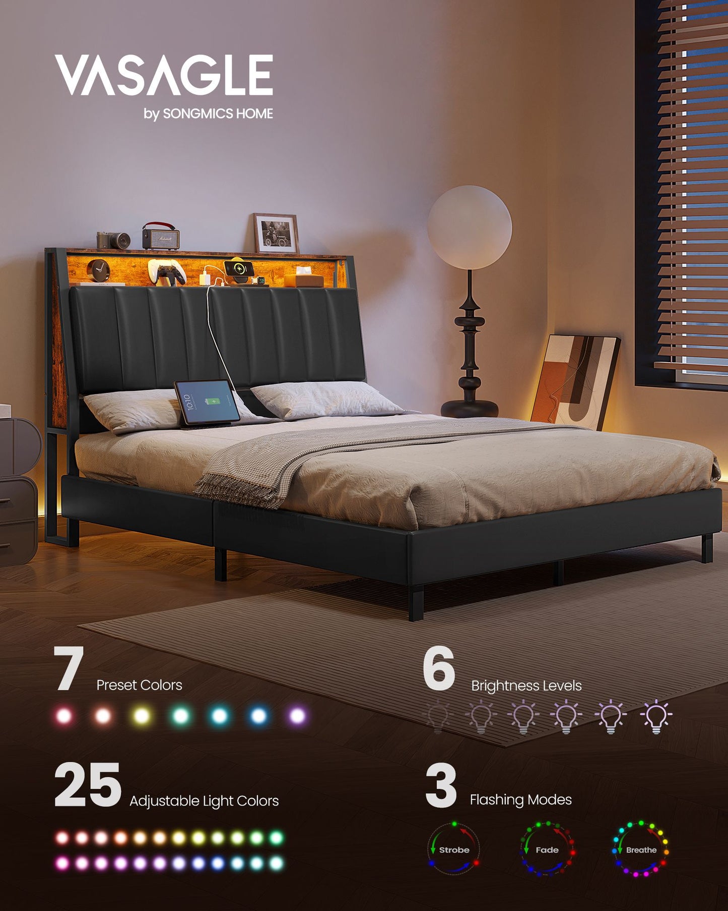 LED Bed Frame Full Size, Storage Headboard and Charging Station
