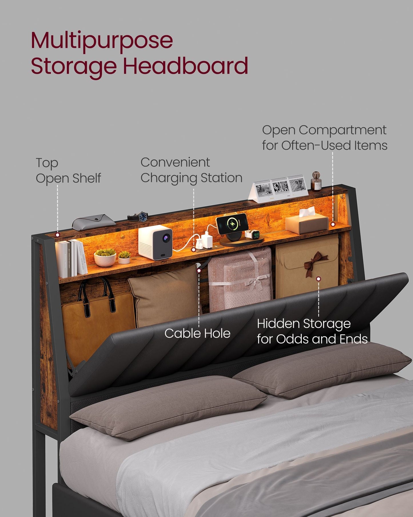 LED Bed Frame Full Size, Storage Headboard and Charging Station