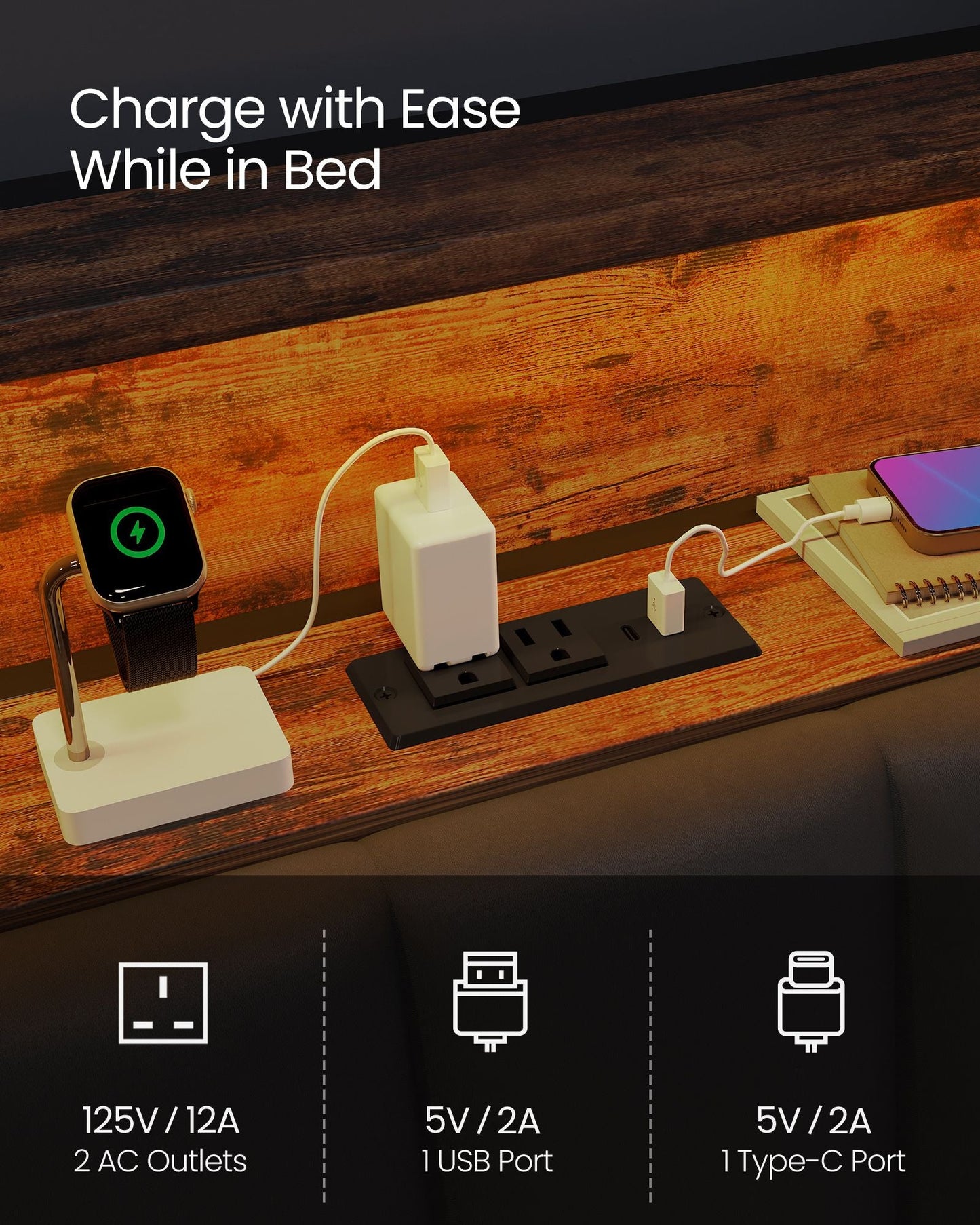 LED Bed Frame Full Size, Storage Headboard and Charging Station