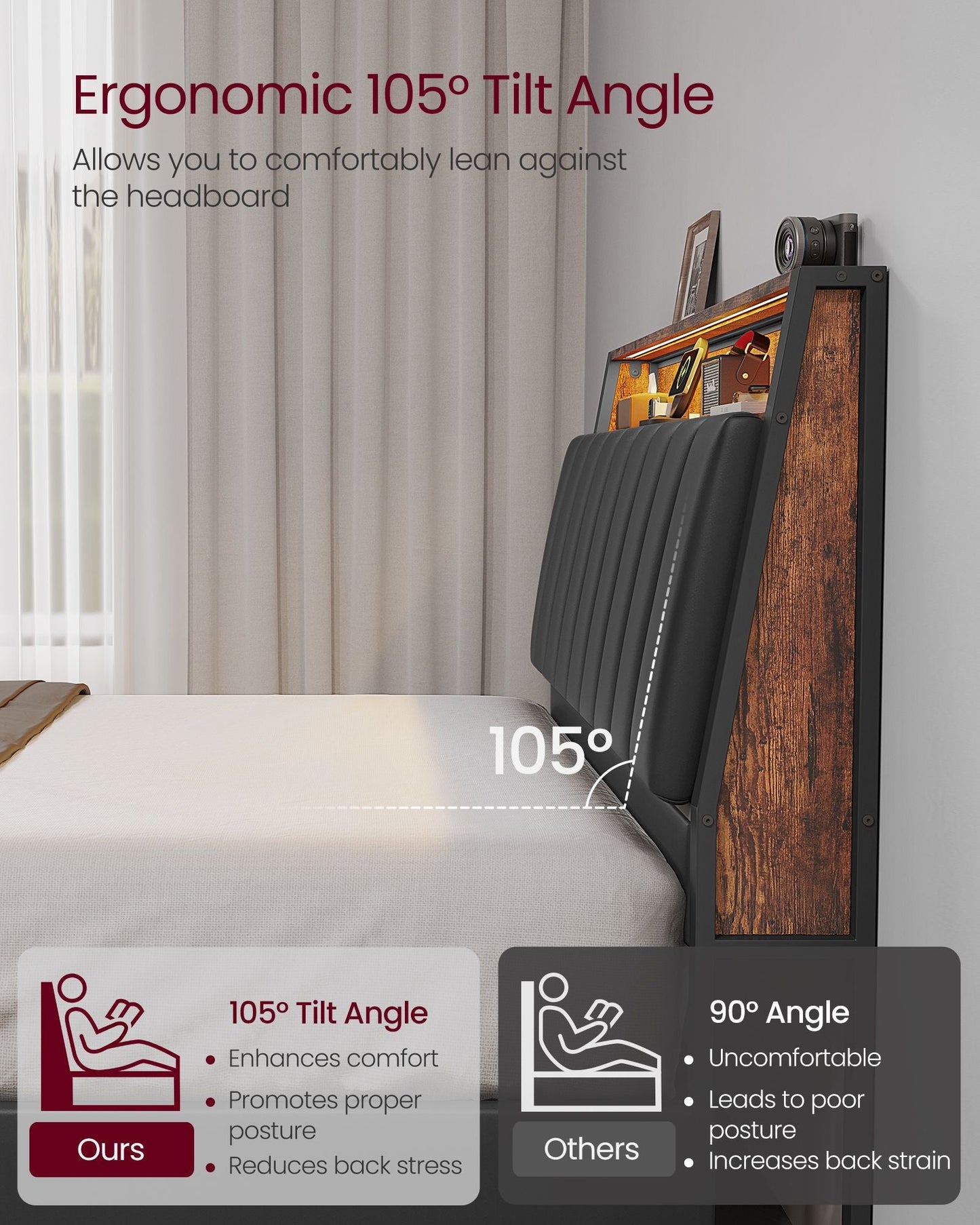 LED Bed Frame Full Size, Storage Headboard and Charging Station