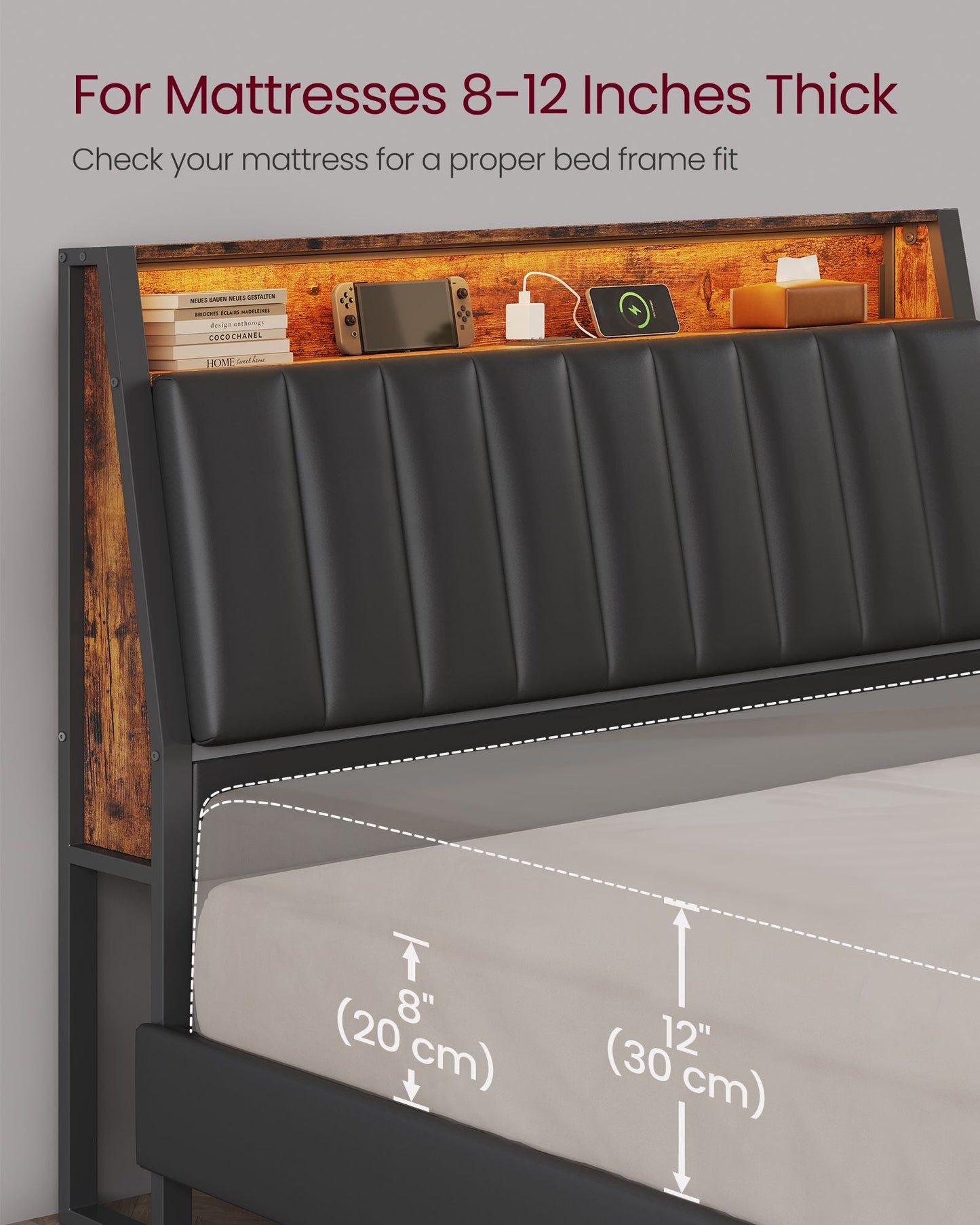 LED Bed Frame Full Size, Storage Headboard and Charging Station