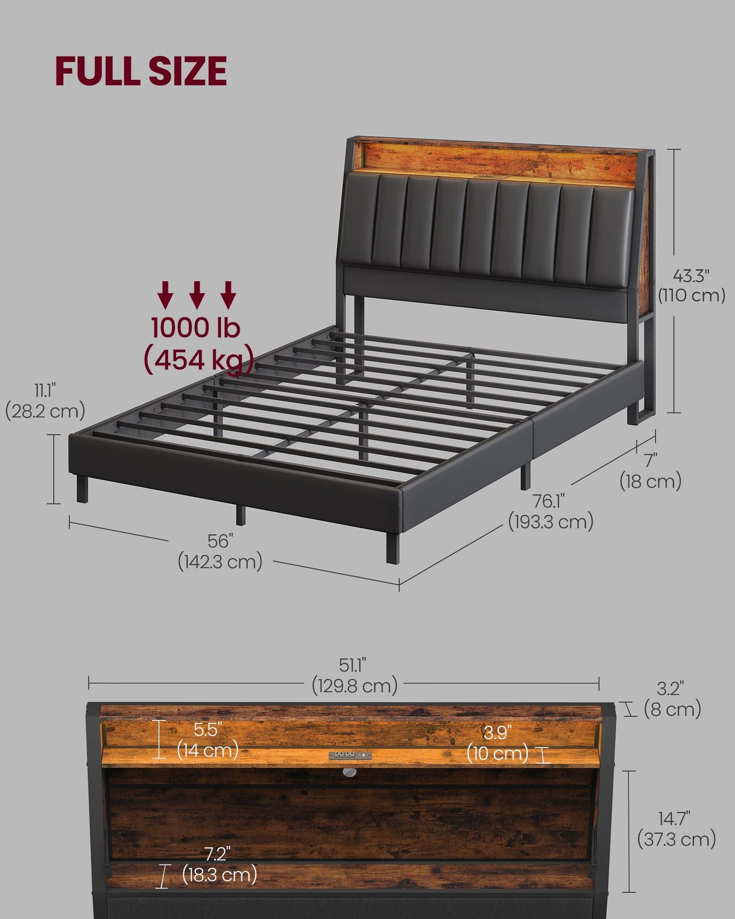LED Bed Frame Full Size, Storage Headboard and Charging Station