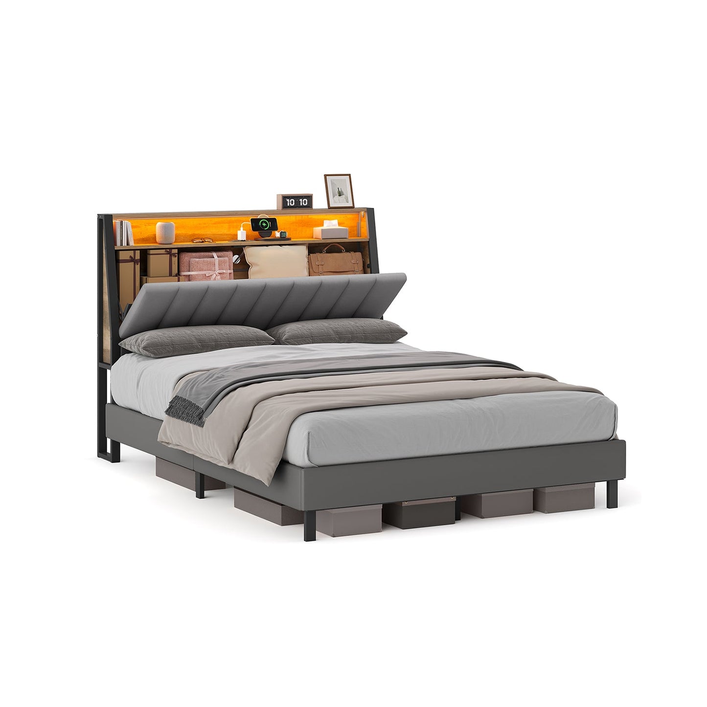 LED Bed Frame Full Size, Storage Headboard and Charging Station
