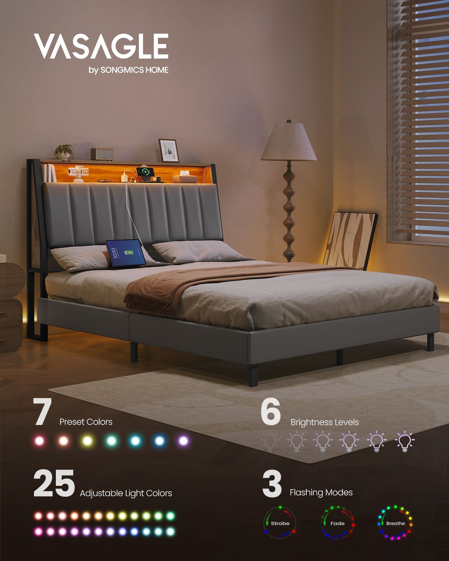LED Bed Frame Full Size, Storage Headboard and Charging Station