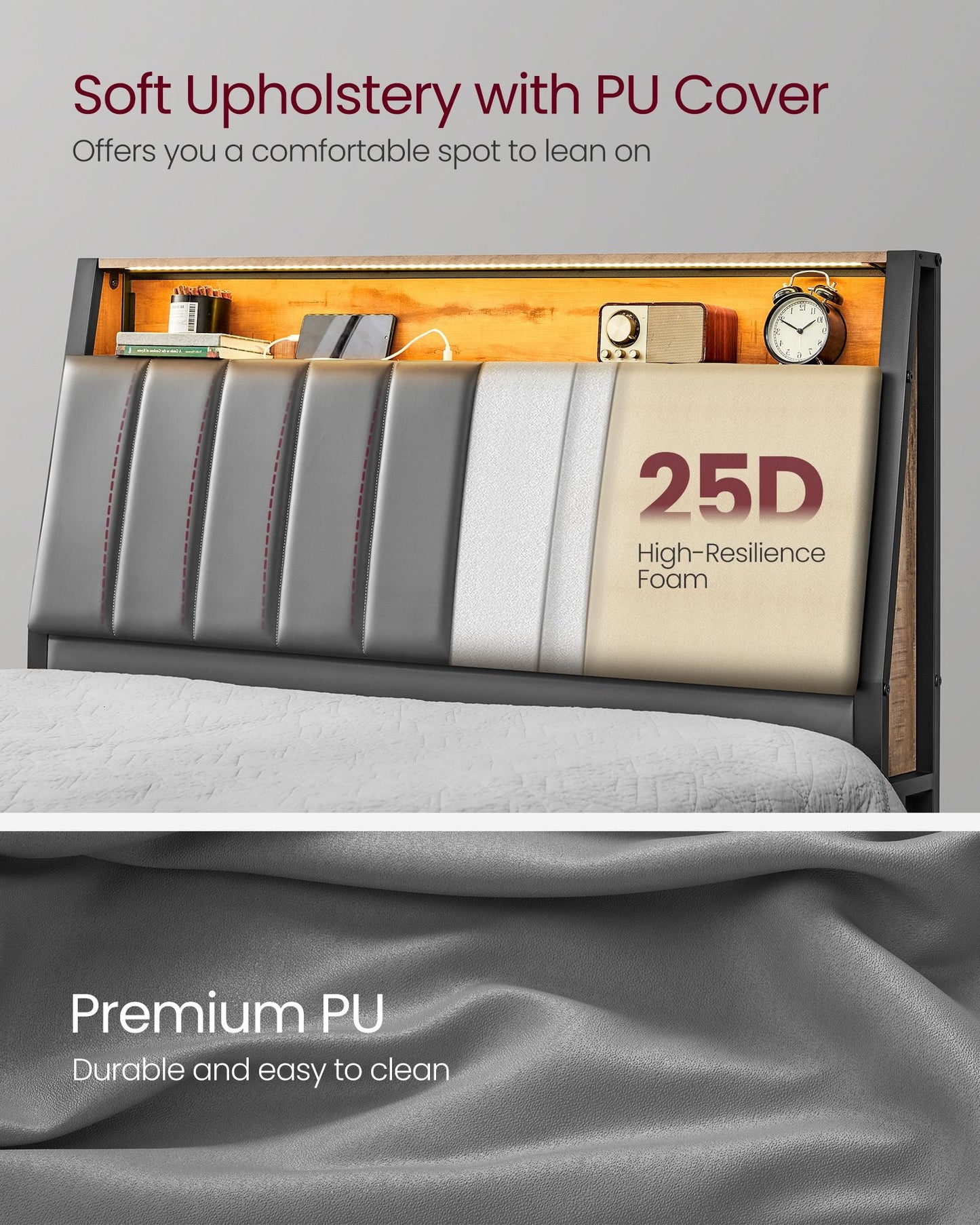 LED Bed Frame Full Size, Storage Headboard and Charging Station