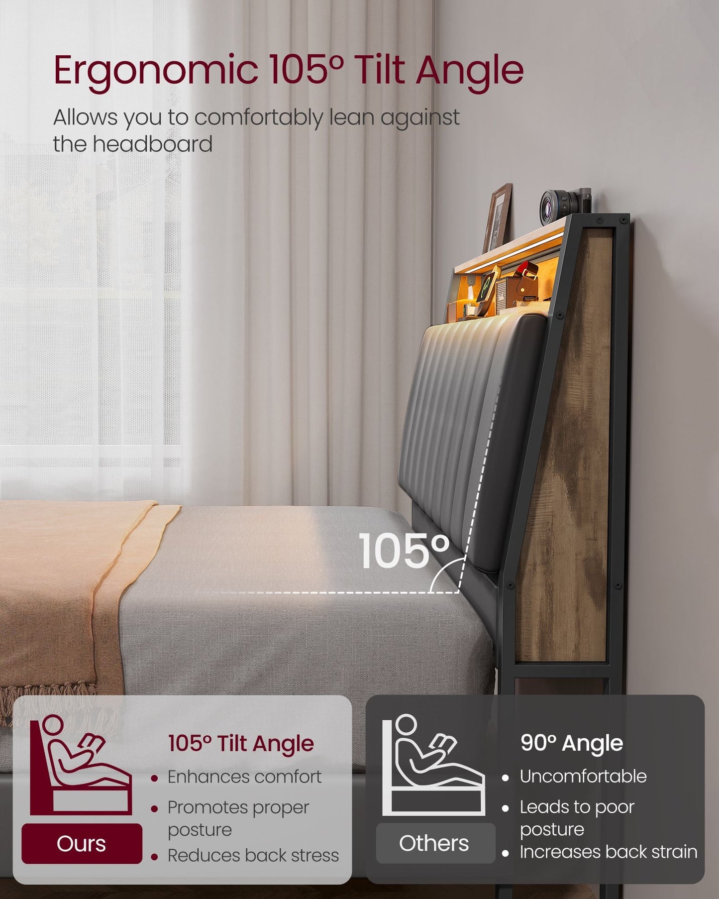 LED Bed Frame Full Size, Storage Headboard and Charging Station