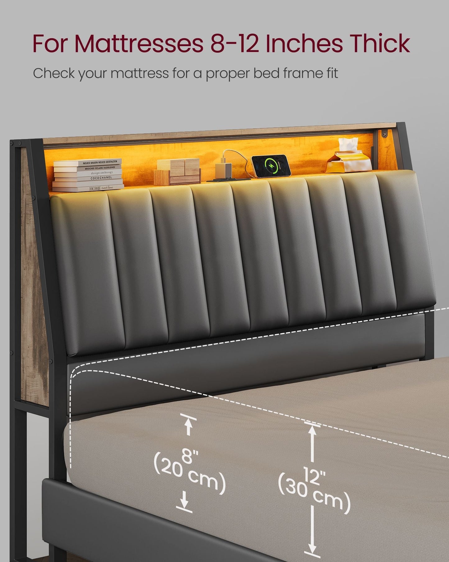 LED Bed Frame Full Size, Storage Headboard and Charging Station