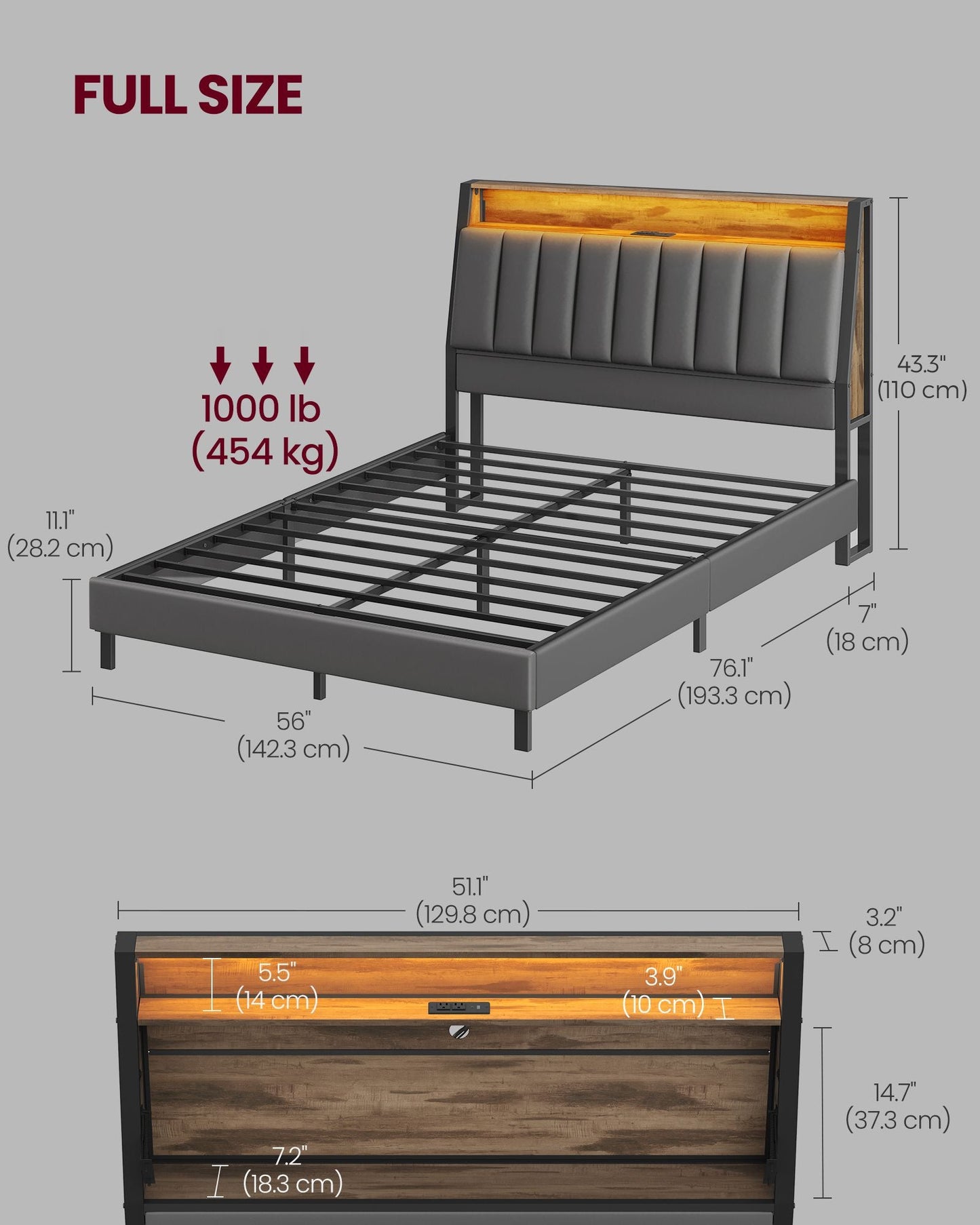 LED Bed Frame Full Size, Storage Headboard and Charging Station
