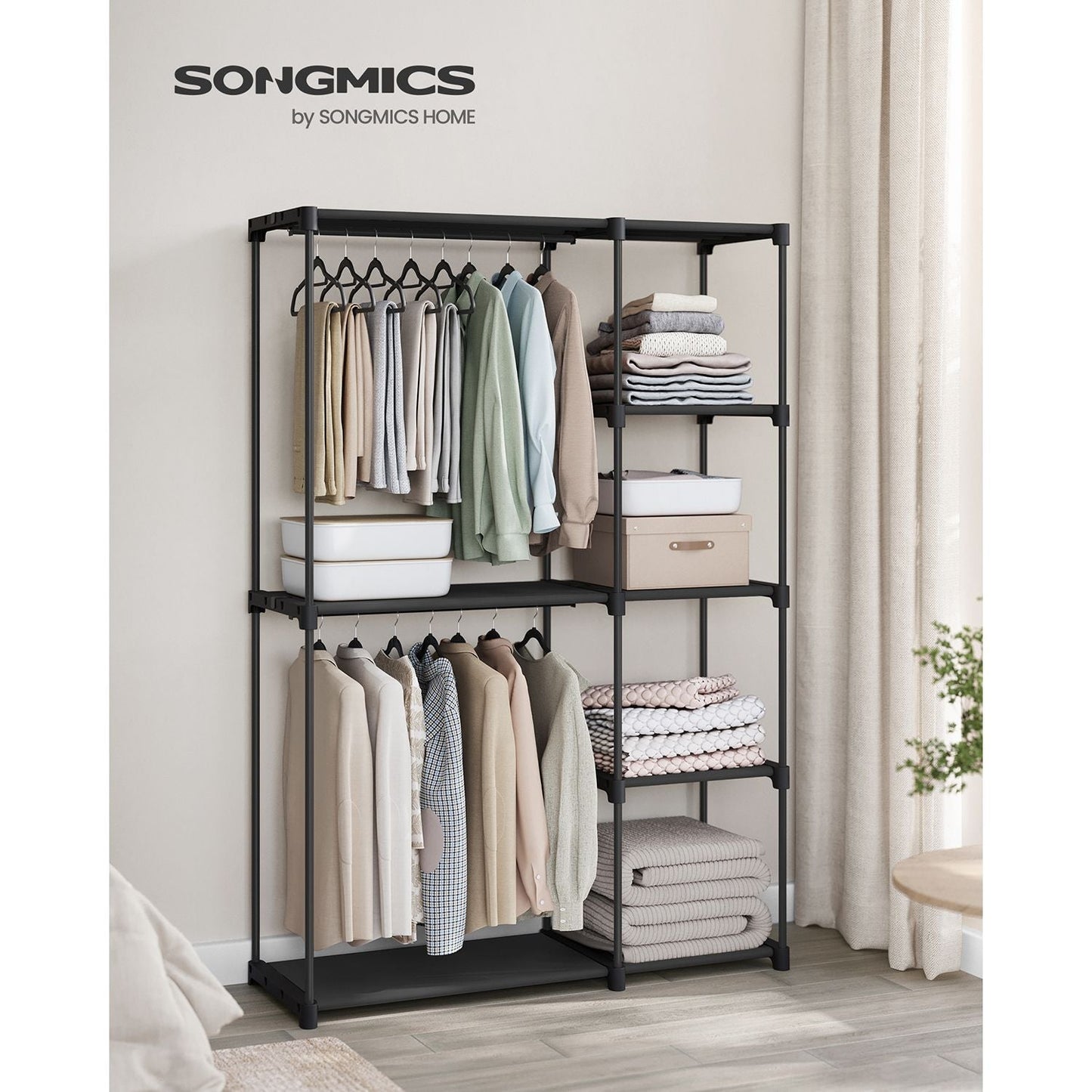 Freestanding Portable Closet with Shelves, Hanging Rods