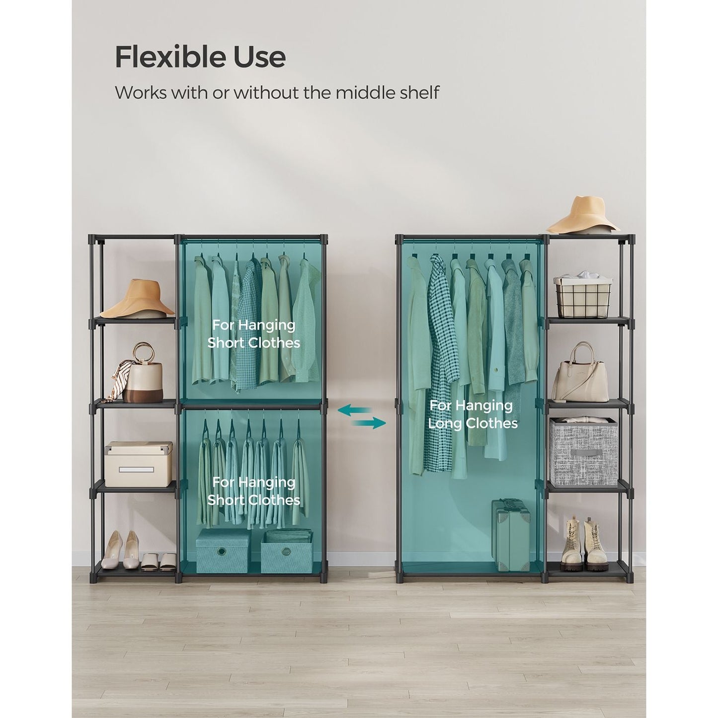 Freestanding Portable Closet with Shelves, Hanging Rods