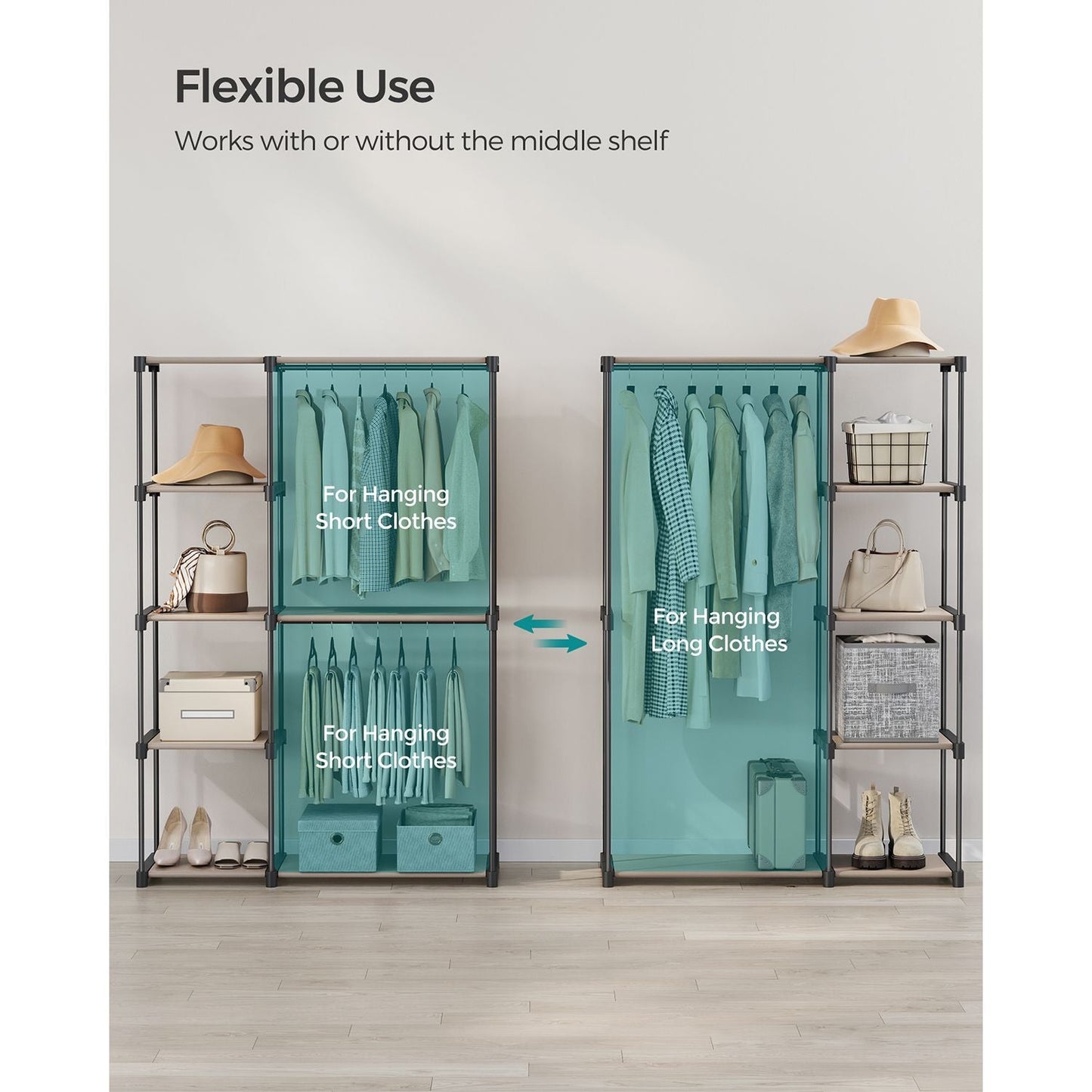 Freestanding Portable Closet with Shelves, Hanging Rods