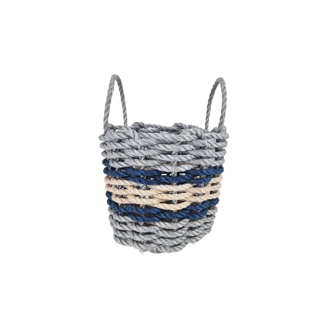 Lobster Rope Basket Light Gray and Light Tan, Navy Accents