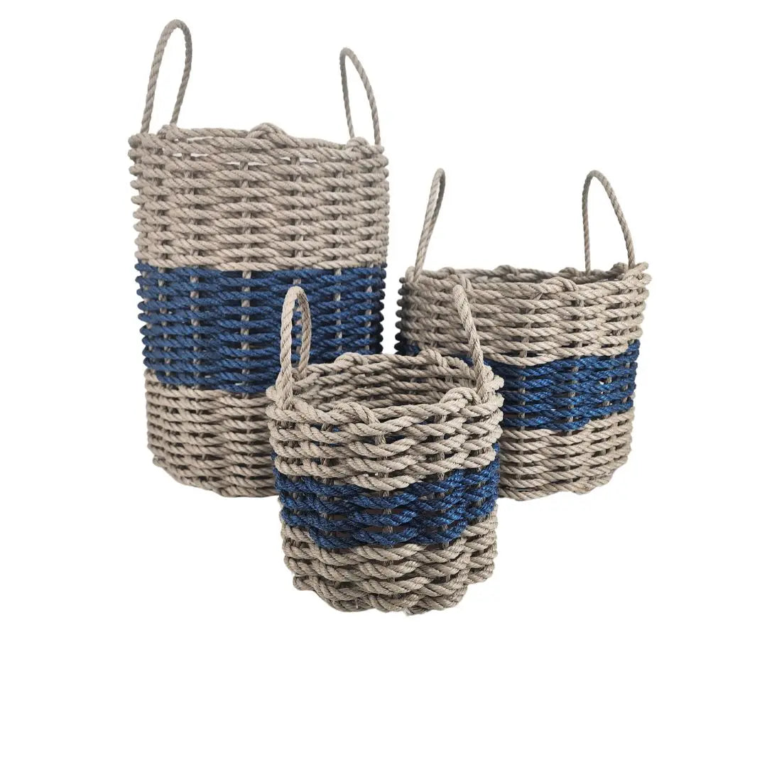 Authentic Maine Lobster Rope Storage Basket Tan and Navy Blue