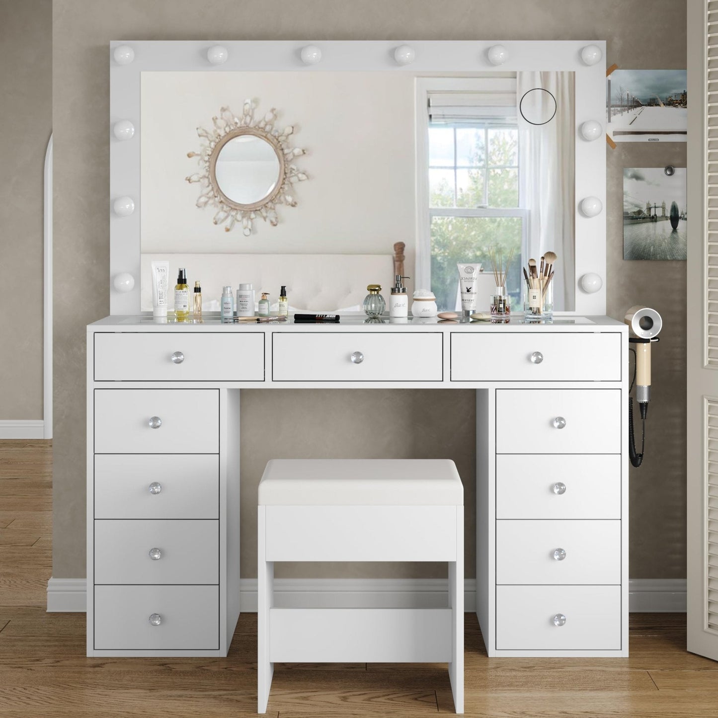 Yanosaku VD003 Bedroom Makeup Vanity desk with LED Mirror, 11 Drawers