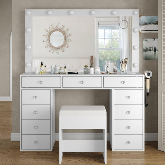 Yanosaku VD003 Bedroom Makeup Vanity desk with LED Mirror, 11 Drawers