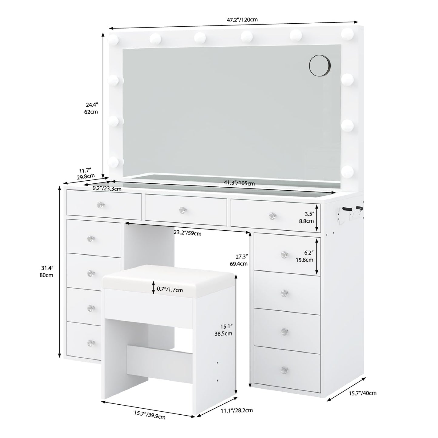 Yanosaku VD003 Bedroom Makeup Vanity desk with LED Mirror, 11 Drawers