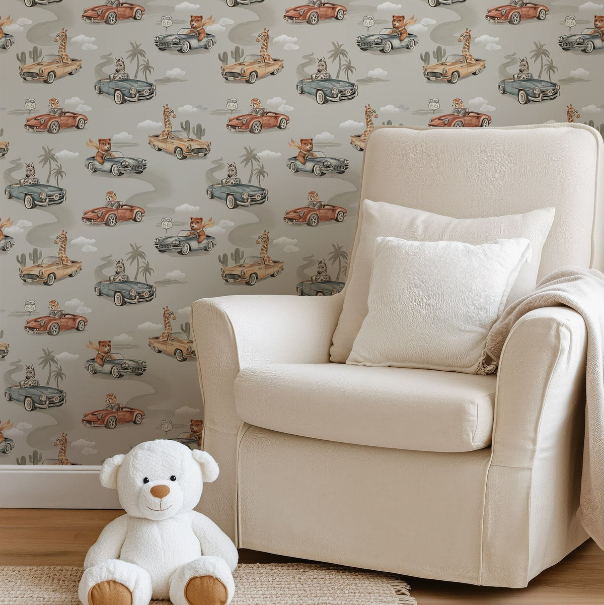 Vintage Car & Animal Nursery Wallpaper – Route 66 Safari Adventure
