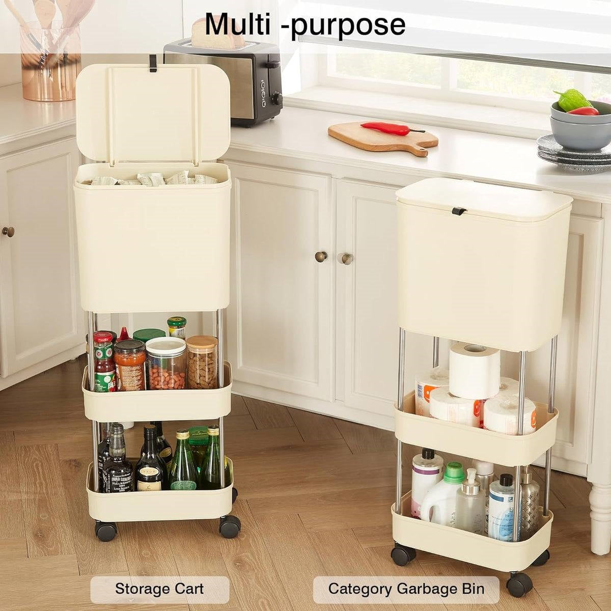 5 Gallon Mobile Elevated Kitchen Trash Can with Lid in Cream with Wheels