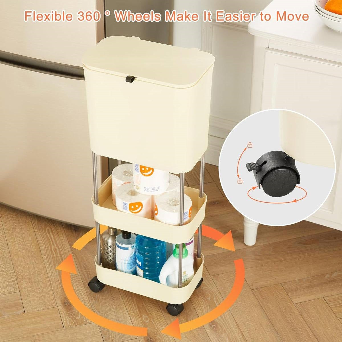 5 Gallon Mobile Elevated Kitchen Trash Can with Lid in Cream with Wheels