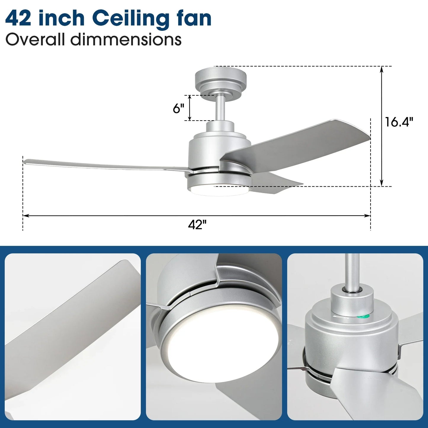 Vaczon 42 Inch 3-Blades Modern Ceiling Fan with Remote Control and LED Light