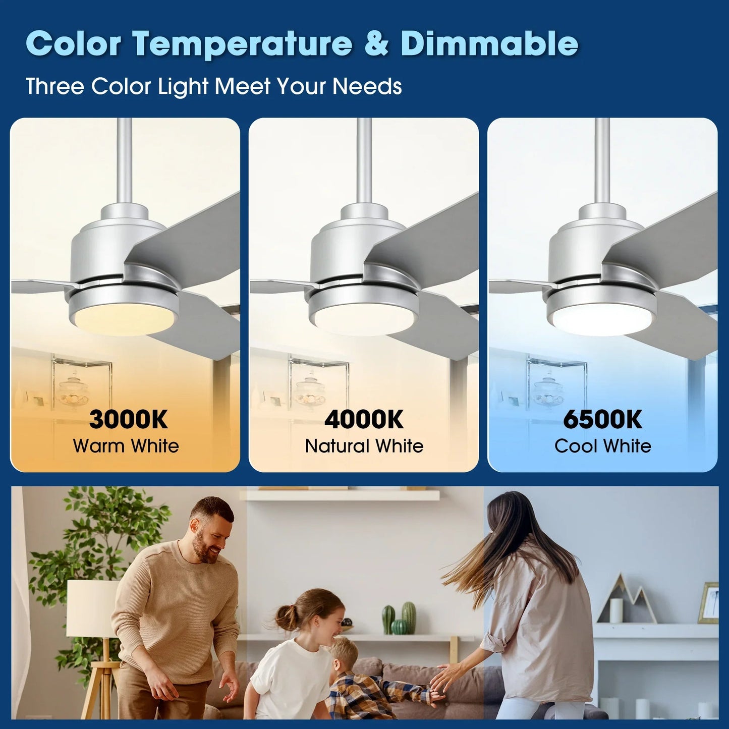 Vaczon 42 Inch 3-Blades Modern Ceiling Fan with Remote Control and LED Light